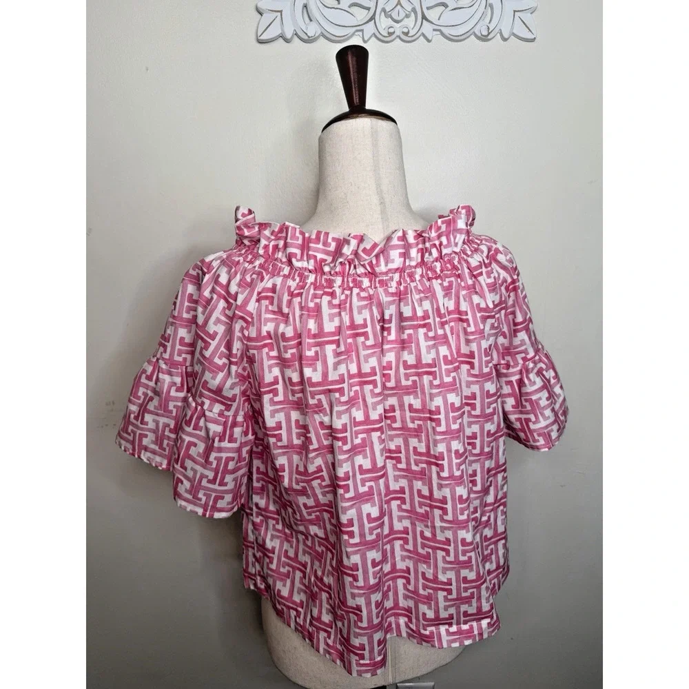 Brooke Wright USA Pink White Geometric Off Shoulder Cotton Peasant Crop Top S